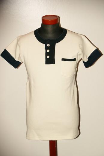 Dapper's (ダッパーズ)　ヘンリーネック・半袖メッシュTシャツ　1054　オフホワイト×ネイビー