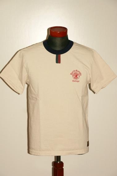 DELUXEWARE (デラックスウエア)　半袖リンガーTシャツ　DRS-19A　"N.G.C."　ナチュラル×ネイビー